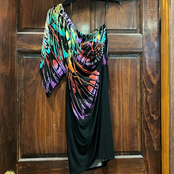 Multi color abstract butterfly print one shoulder Bisou Bisou dress - Picture 1 of 3